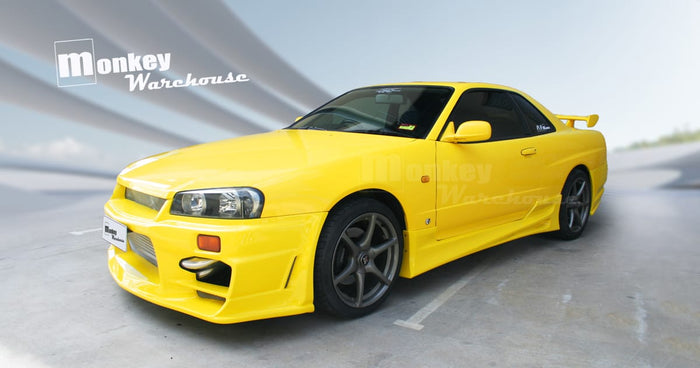 Nissan Skyline R34 GT-T Coupe with customer-installed Monkey Warehouse Bomex Style Front Bumper