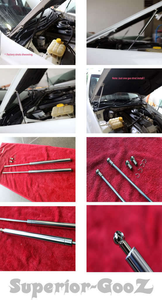 Installed View - Ford Falcon EA EB ED: Chrome Heavy-Duty Bonnet Struts