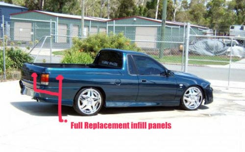 Installed View - Holden Commodore VS VR VN VG Ute: Rear Infill Panel Set