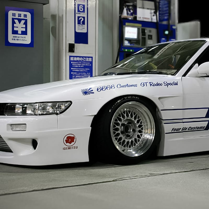Installed View - Nissan Silvia S13: Rocket Bunny Style +25mm Front Vented Guards