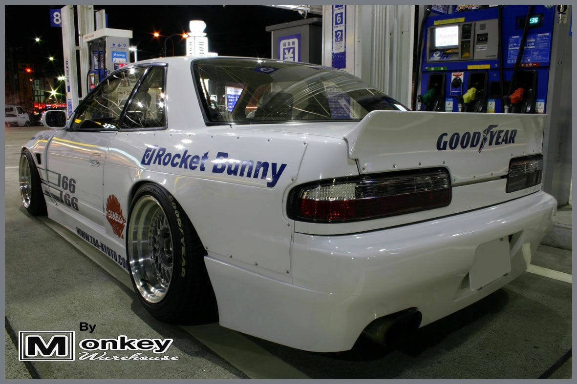Installed View - Nissan Silvia S13: Rocket Bunny Style +25mm Front Vented Guards