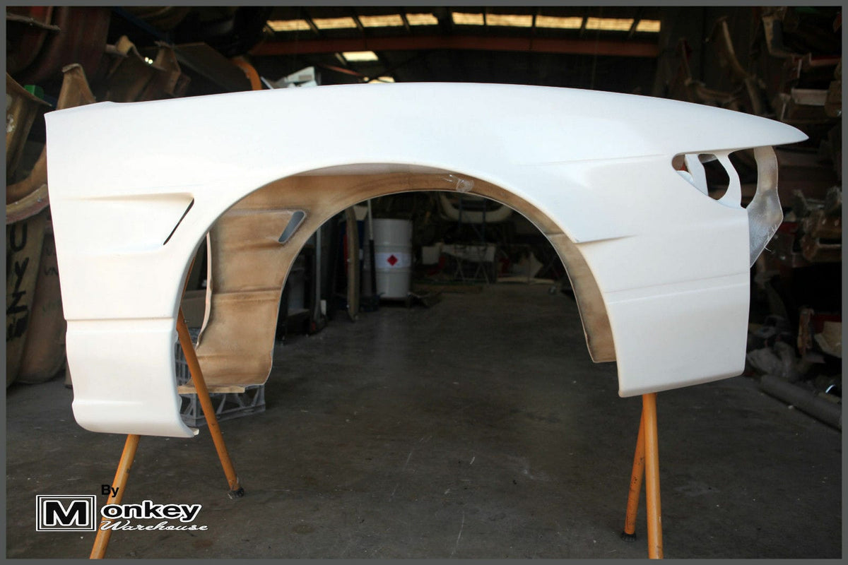 Installed View - Nissan Silvia S13: Rocket Bunny Style +25mm Front Vented Guards