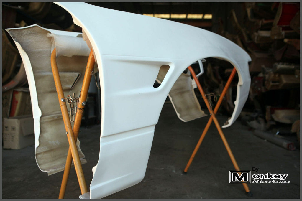 Installed View - Nissan Silvia S13: Rocket Bunny Style +25mm Front Vented Guards