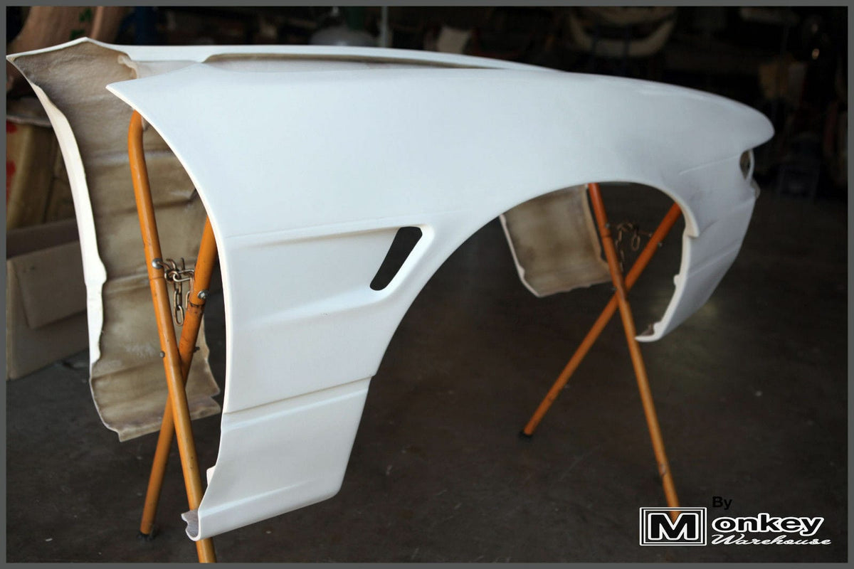 Installed View - Nissan Silvia S13: Rocket Bunny Style +25mm Front Vented Guards