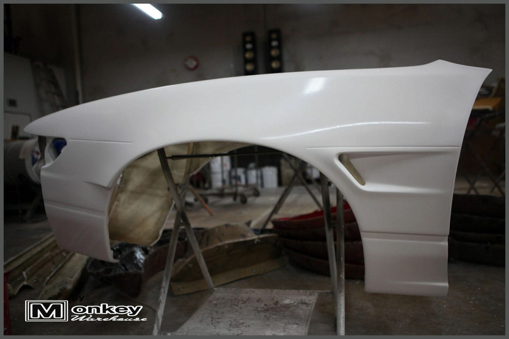 Installed View - Nissan Silvia S13: Rocket Bunny Style +25mm Front Vented Guards