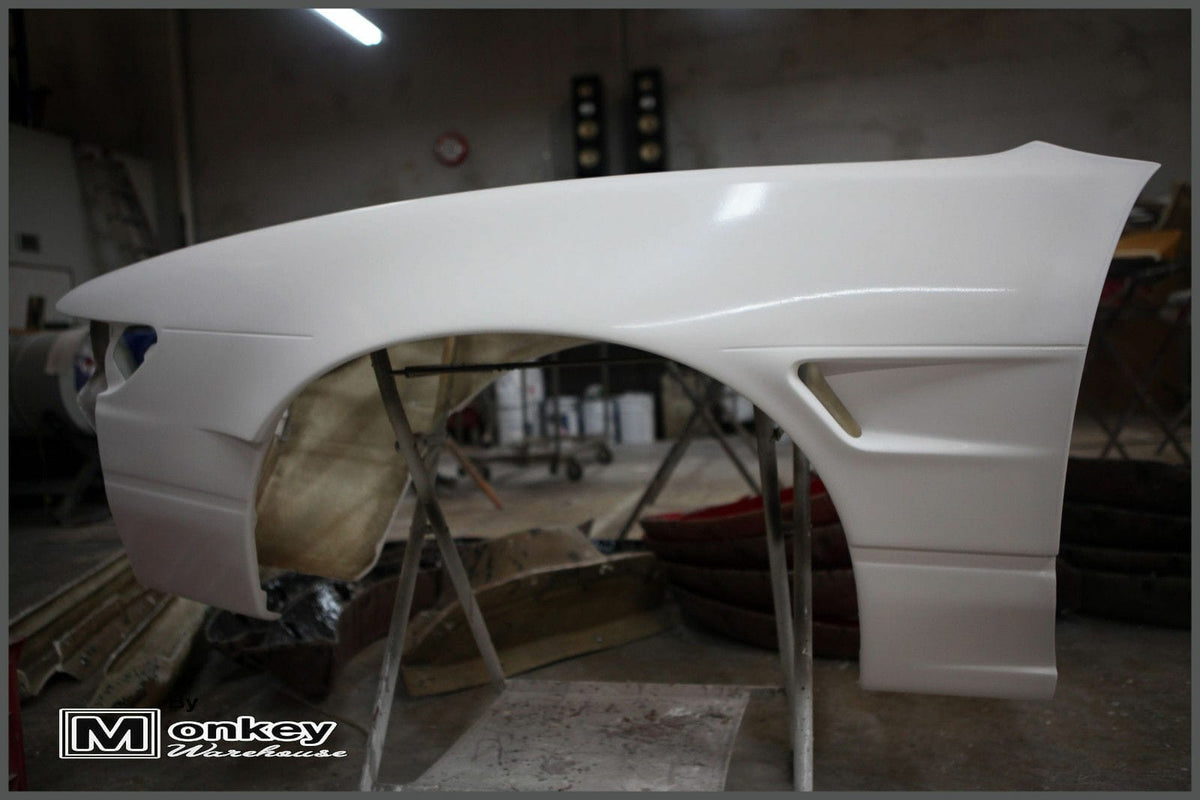 Installed View - Nissan Silvia S13: Rocket Bunny Style +25mm Front Vented Guards